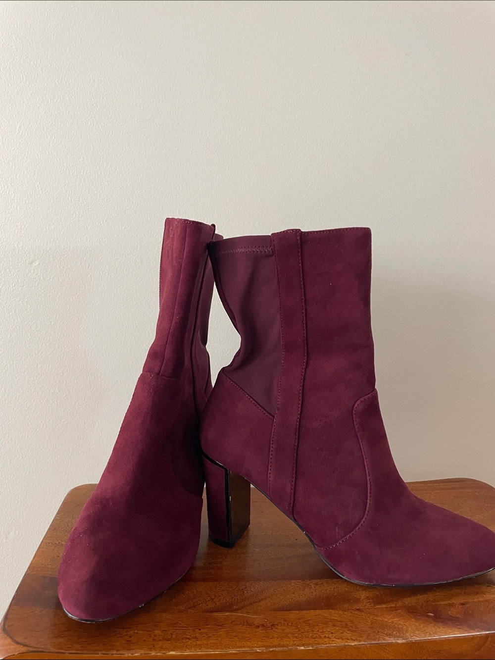 Tahari Burgundy Suede Mid-Calf Block Heel Boots